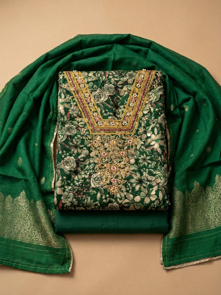 Green Embroidery Cotton Blend Unstitched Dress Material