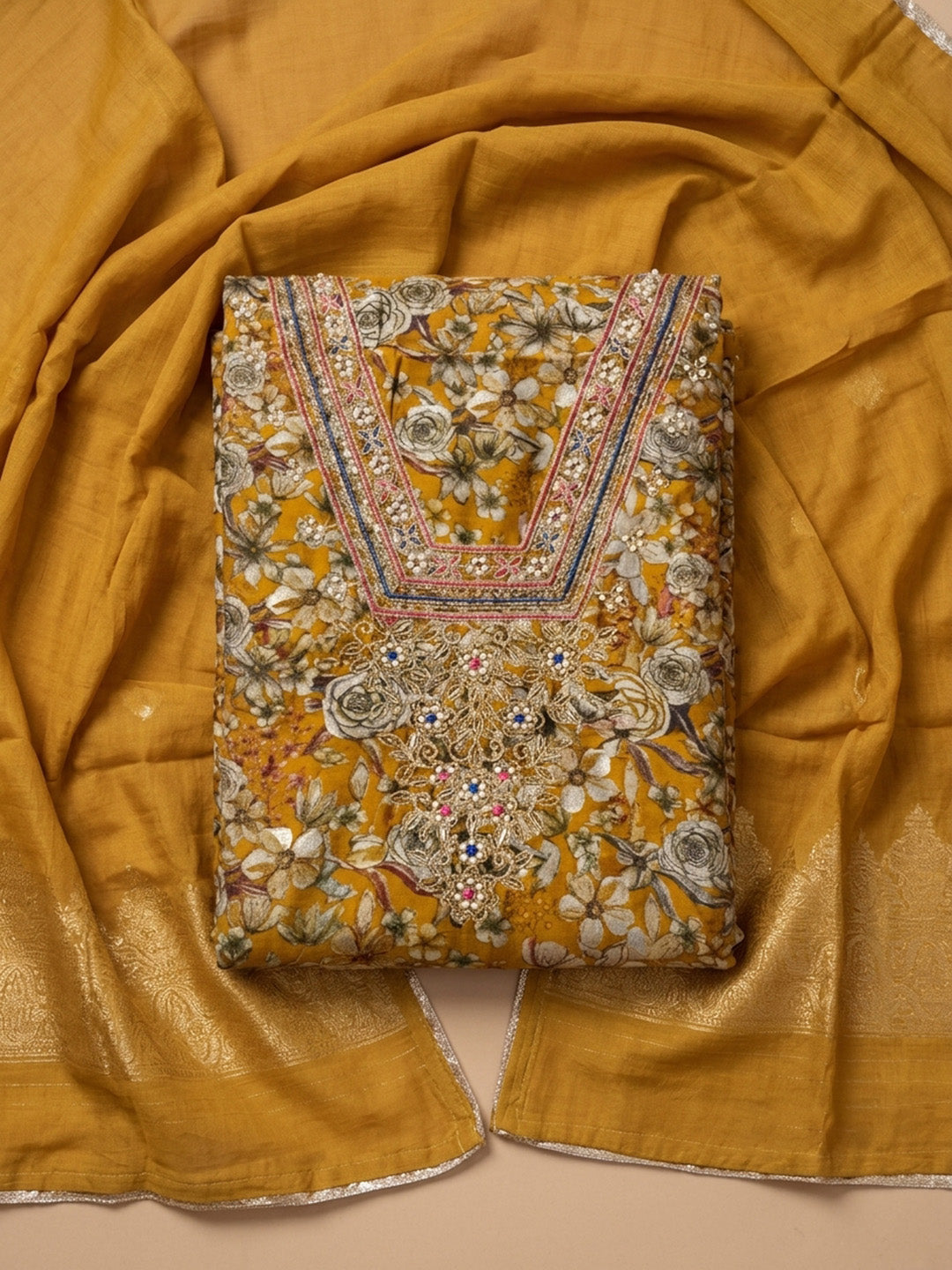Mustard Embroidery Cotton Blend Unstitched Dress Material