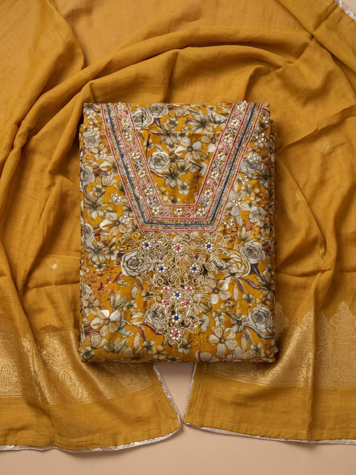 Mustard Embroidery Cotton Blend Unstitched Dress Material