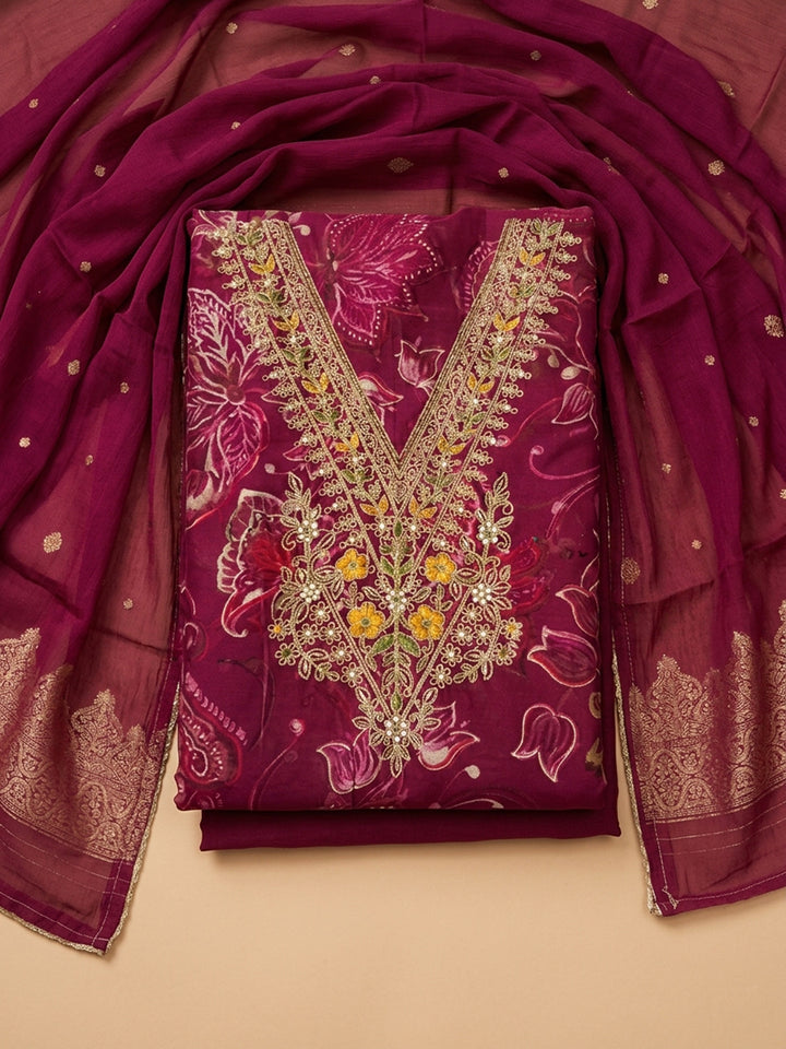 Hot Pink Embroidered Cotton Blend Unstitched Suit &amp; Pant With Cotton Dupatta