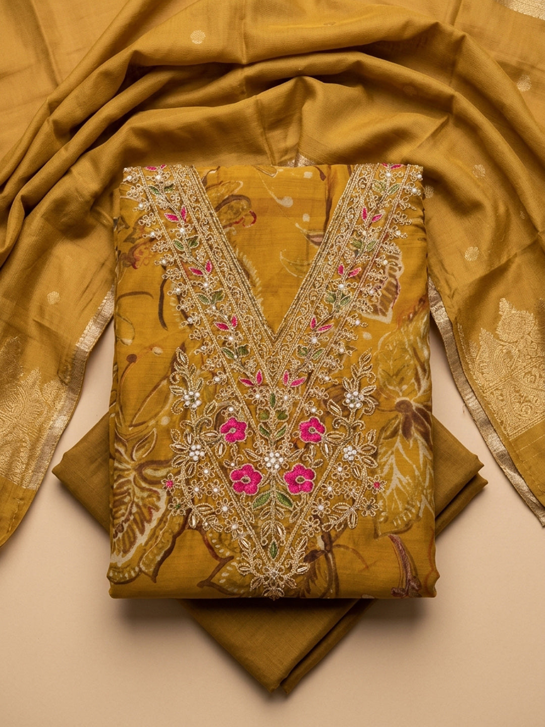 Mustard Embroidered Cotton Blend Unstitched Suit &amp; Pant With Cotton Dupatta