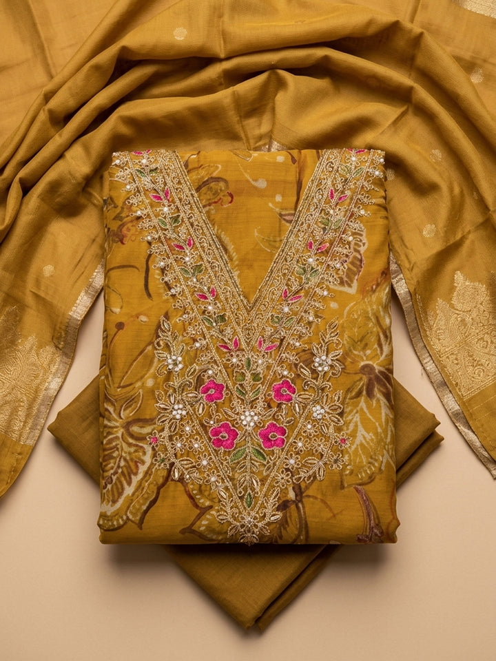 Mustard Embroidered Cotton Blend Unstitched Suit &amp; Pant With Cotton Dupatta