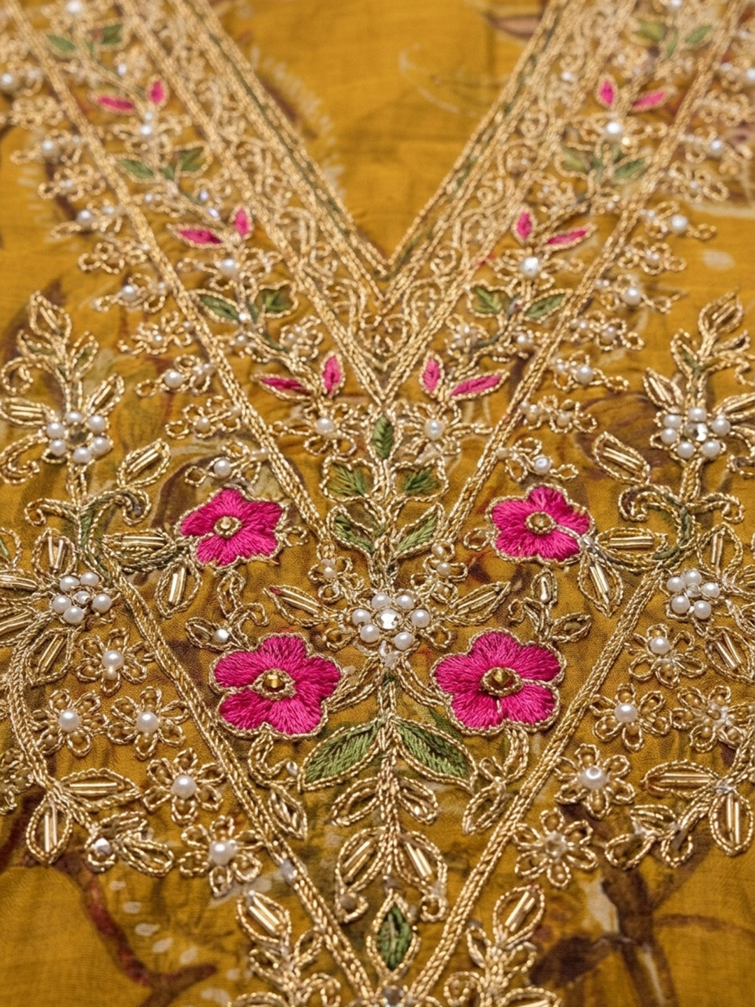 Mustard Embroidered Cotton Blend Unstitched Suit &amp; Pant With Cotton Dupatta