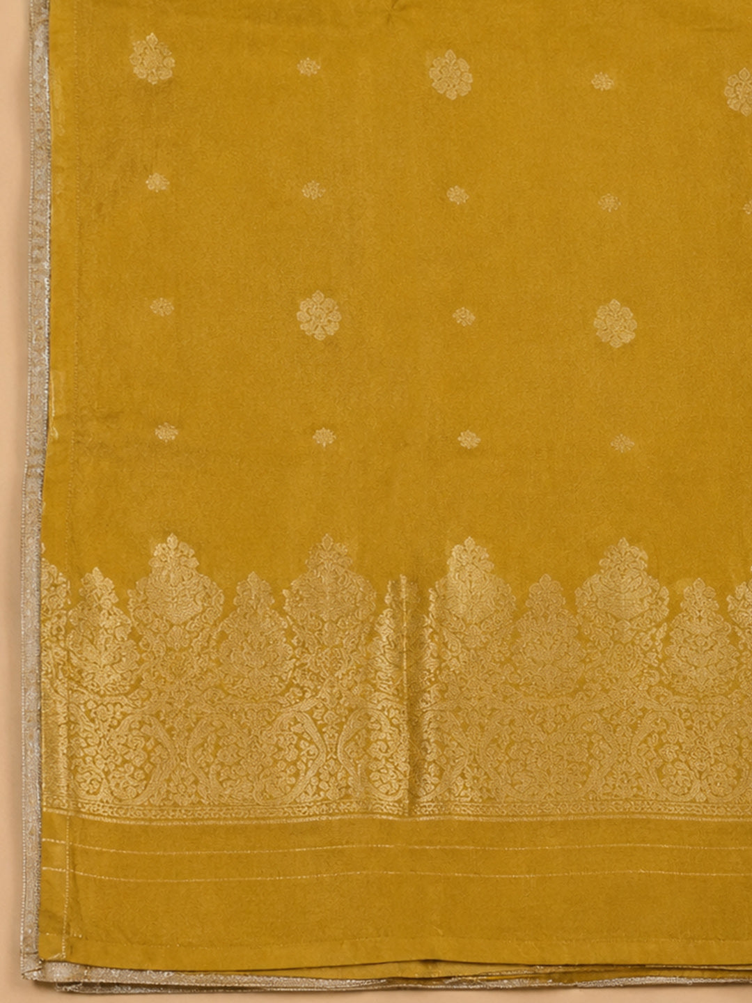 Mustard Embroidered Cotton Blend Unstitched Suit &amp; Pant With Cotton Dupatta