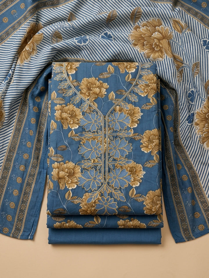 Blue Embroidery Cotton Blend Unstitched Dress Material