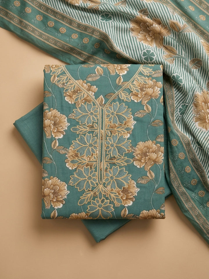 Rama Green Embroidery Cotton Blend Unstitched Dress Material