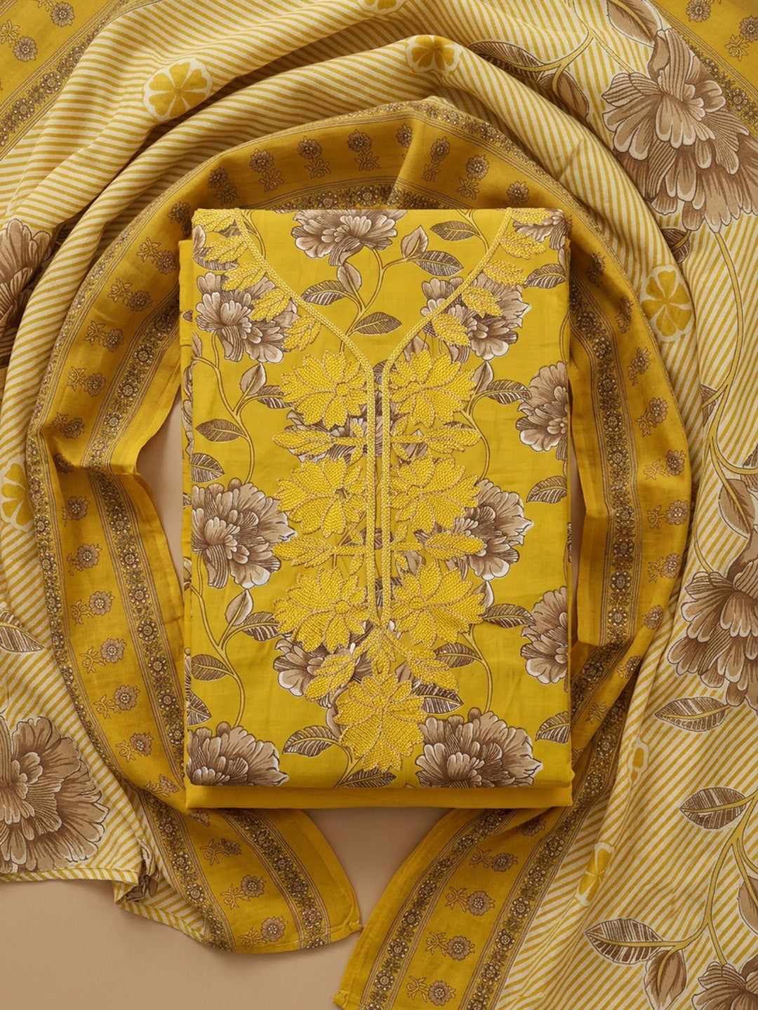 Yellow Embroidery Cotton Blend Unstitched Dress Material