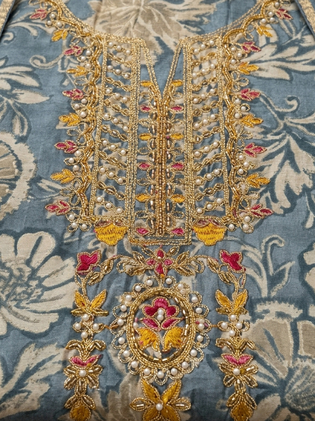 Grey Embroidery Cotton Blend Unstitched Dress Material