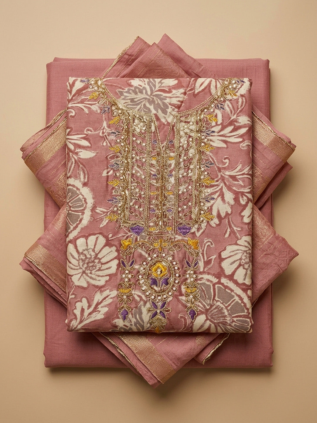 Peach Embroidery Cotton Blend Unstitched Dress Material