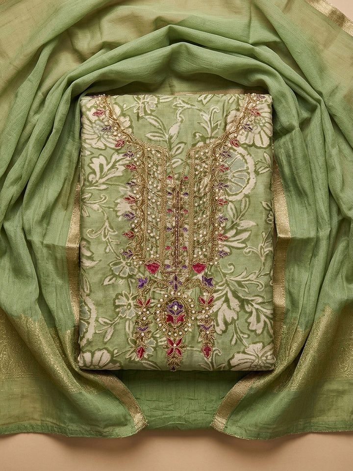 Pista Green Embroidery Cotton Blend Unstitched Dress Material