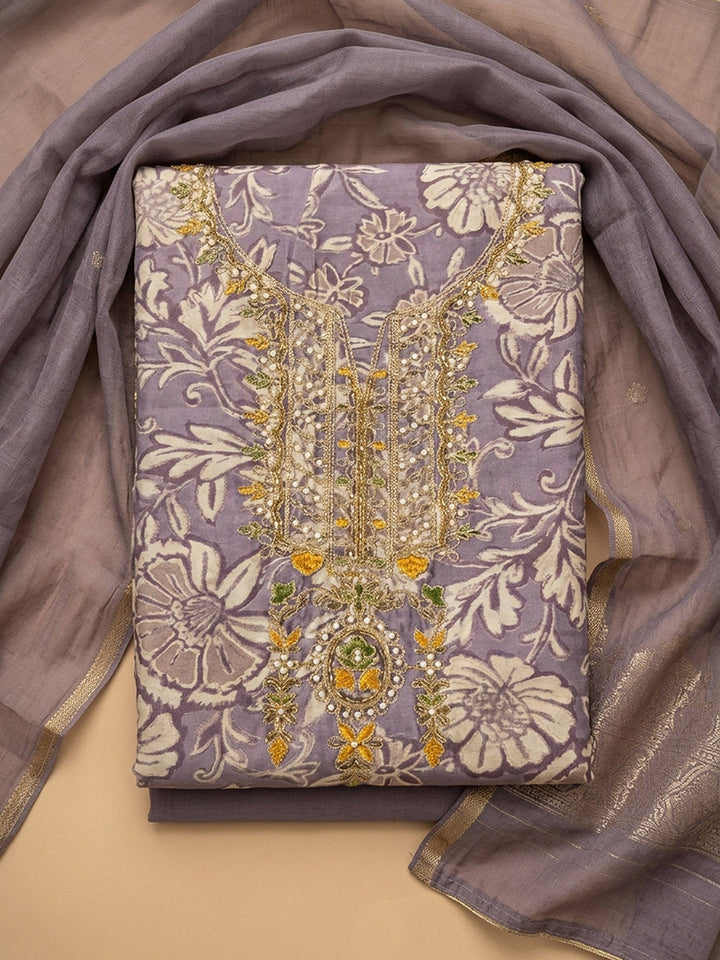 Purple Embroidery Cotton Blend Unstitched Dress Material