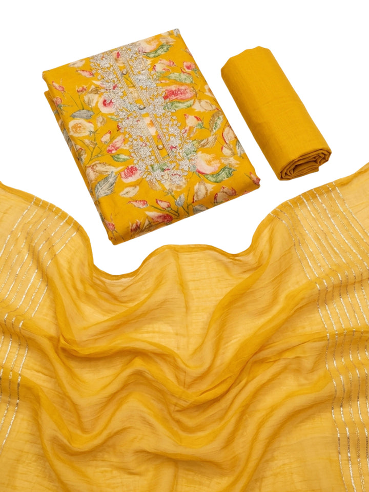 Mustard Embroidery Cotton Blend Unstitched Dress Material