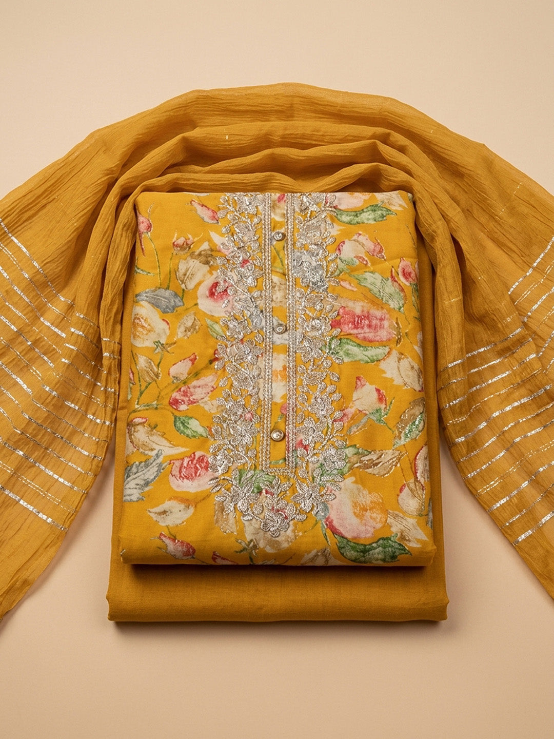 Mustard Embroidery Cotton Blend Unstitched Dress Material