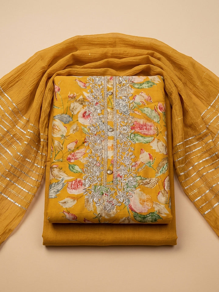 Mustard Embroidery Cotton Blend Unstitched Dress Material