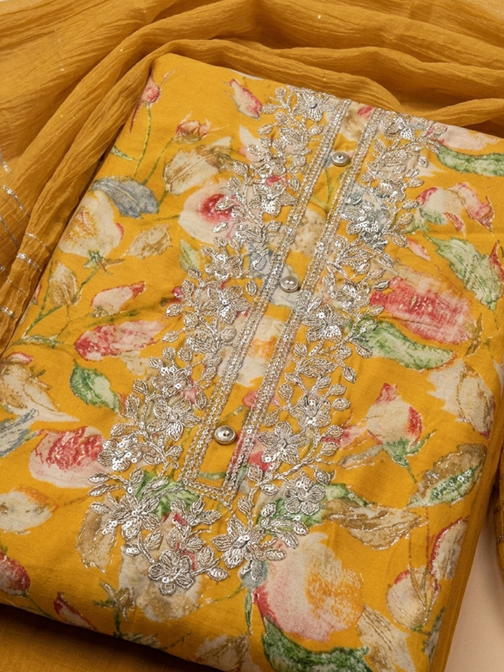 Mustard Embroidery Cotton Blend Unstitched Dress Material