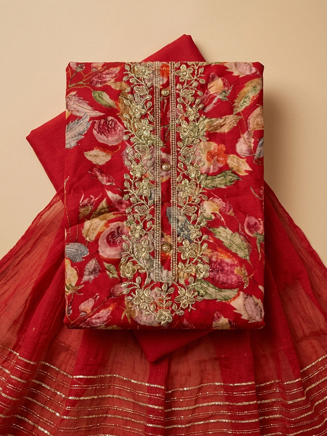 Red Embroidery Cotton Blend Unstitched Dress Material