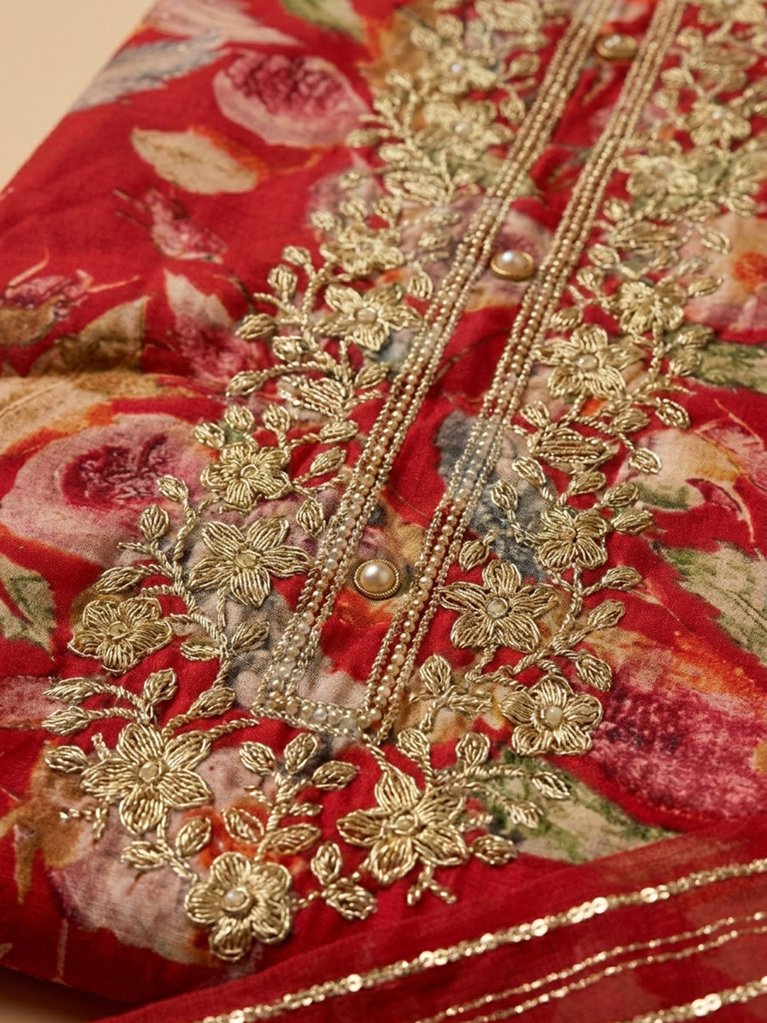 Red Embroidery Cotton Blend Unstitched Dress Material