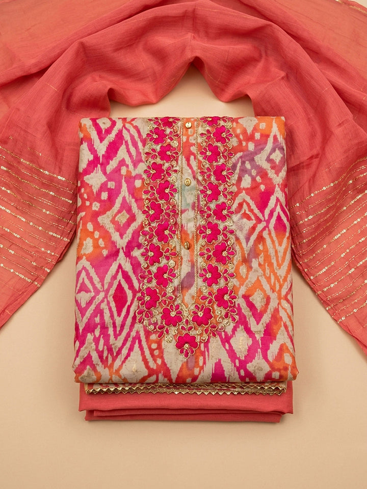 Hot Pink Printed Cotton Blend Unstitched Dress Material