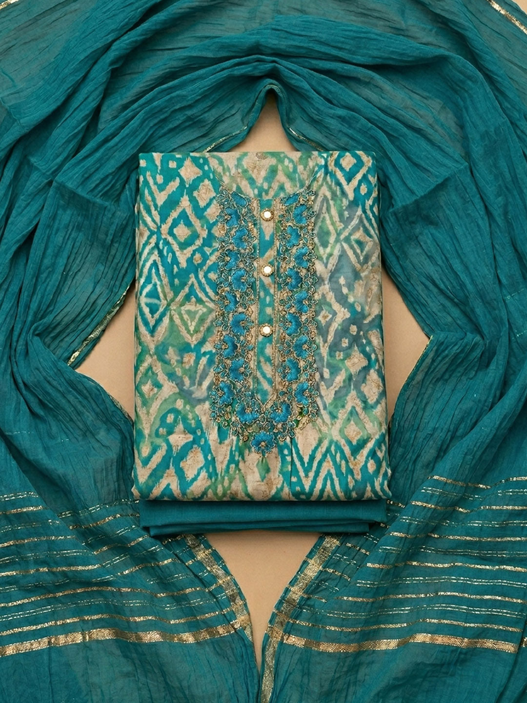 Teal Blue Printed Cotton Blend Unstitched Dress Material