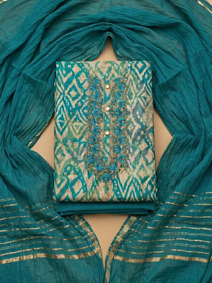 Teal Blue Printed Cotton Blend Unstitched Dress Material