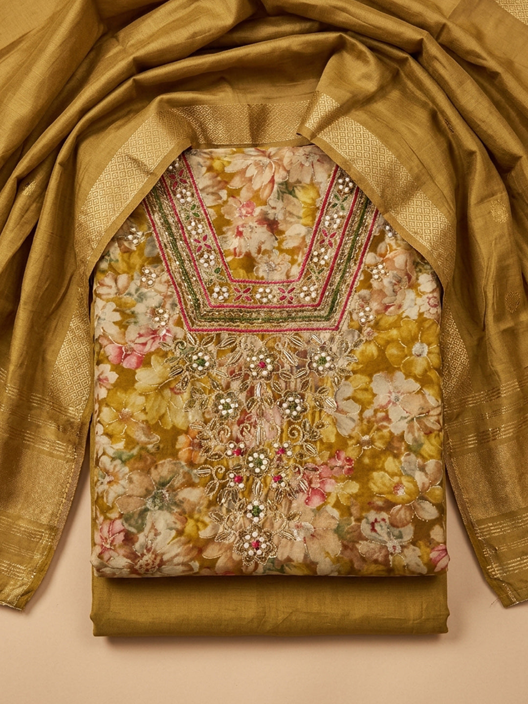 Mustard Embroidered Cotton Blend Unstitched Suit &amp; Pant With Cotton Dupatta