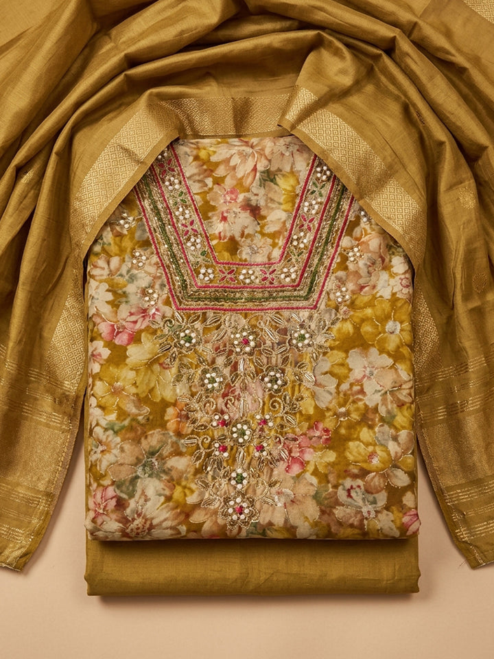 Mustard Embroidered Cotton Blend Unstitched Suit &amp; Pant With Cotton Dupatta