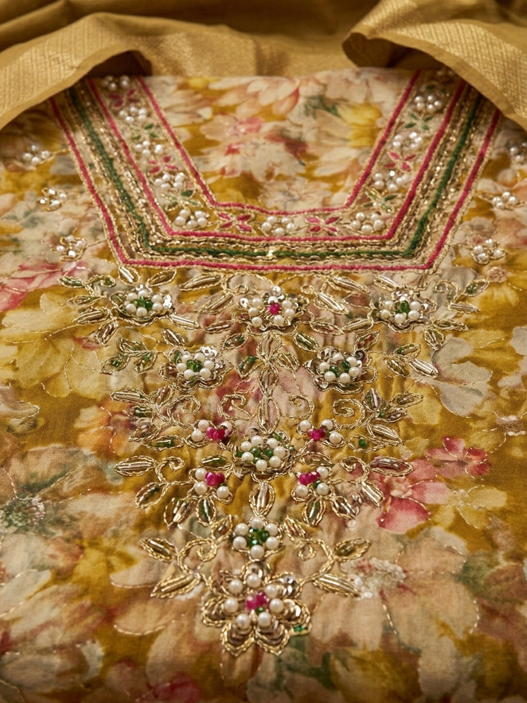 Mustard Embroidered Cotton Blend Unstitched Suit &amp; Pant With Cotton Dupatta