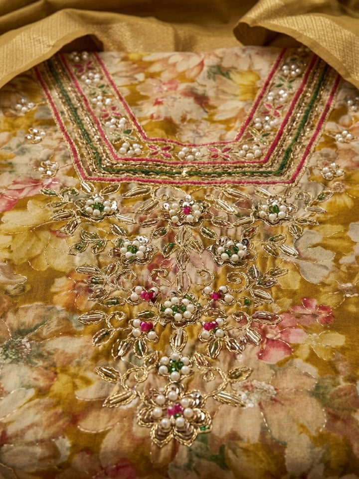 Mustard Embroidered Cotton Blend Unstitched Suit &amp; Pant With Cotton Dupatta