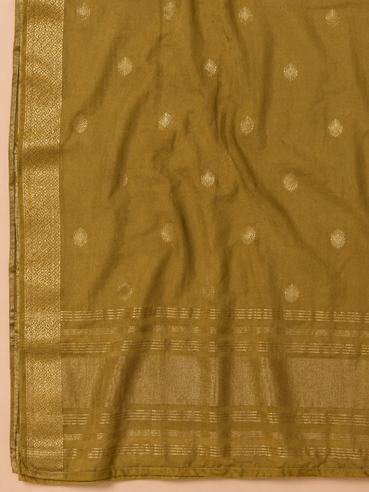 Mustard Embroidered Cotton Blend Unstitched Suit &amp; Pant With Cotton Dupatta
