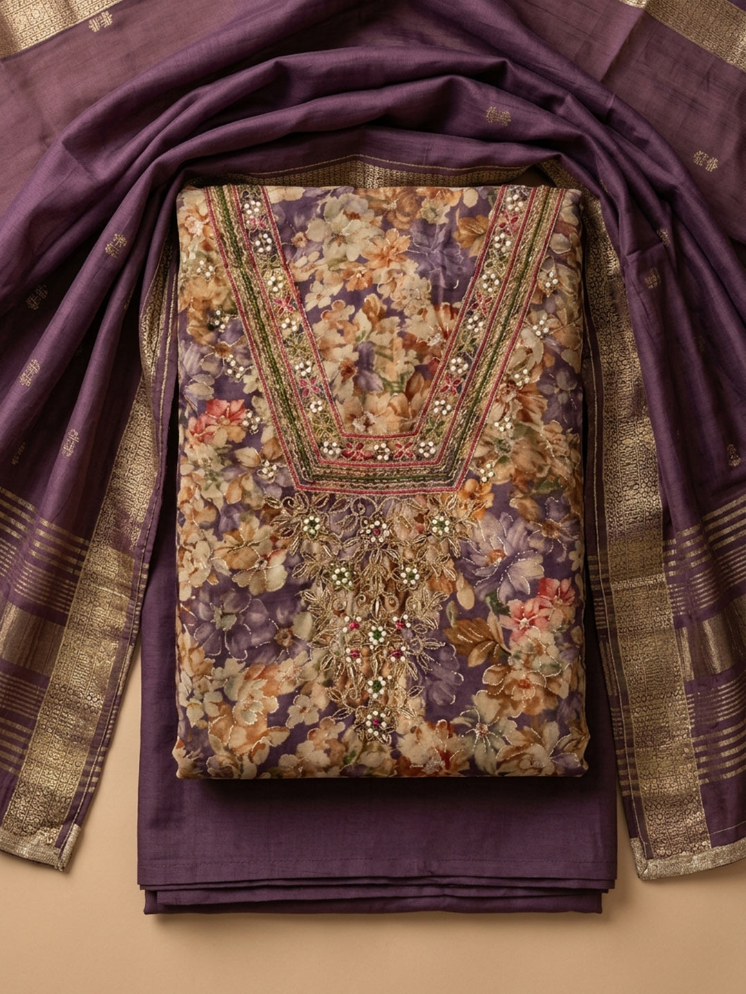 Purple Embroidered Cotton Blend Unstitched Suit &amp; Pant With Cotton Dupatta