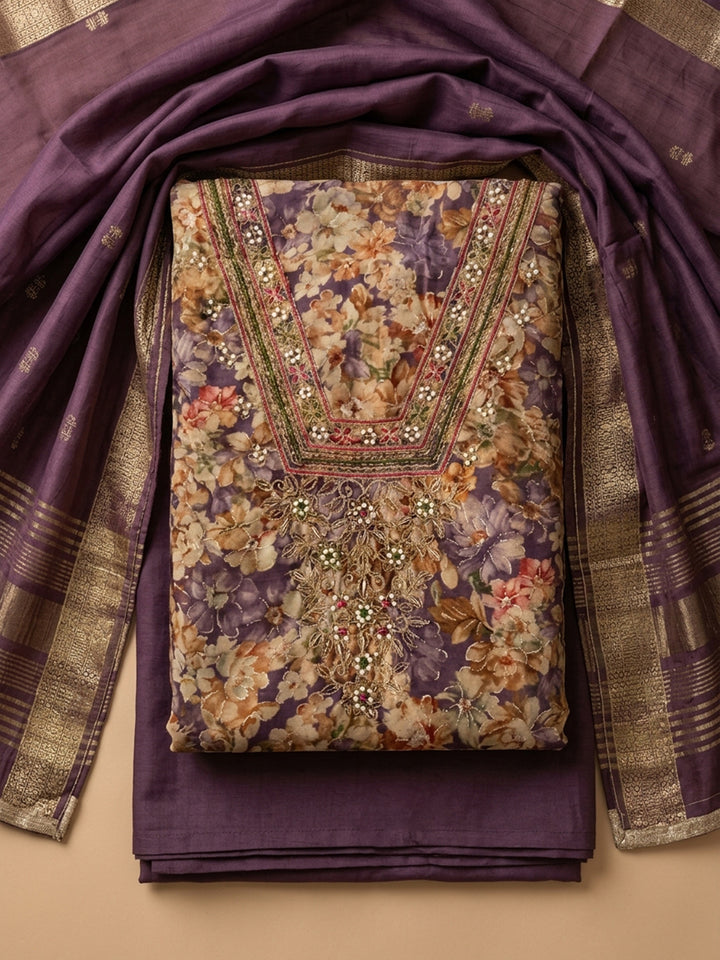 Purple Embroidered Cotton Blend Unstitched Suit &amp; Pant With Cotton Dupatta