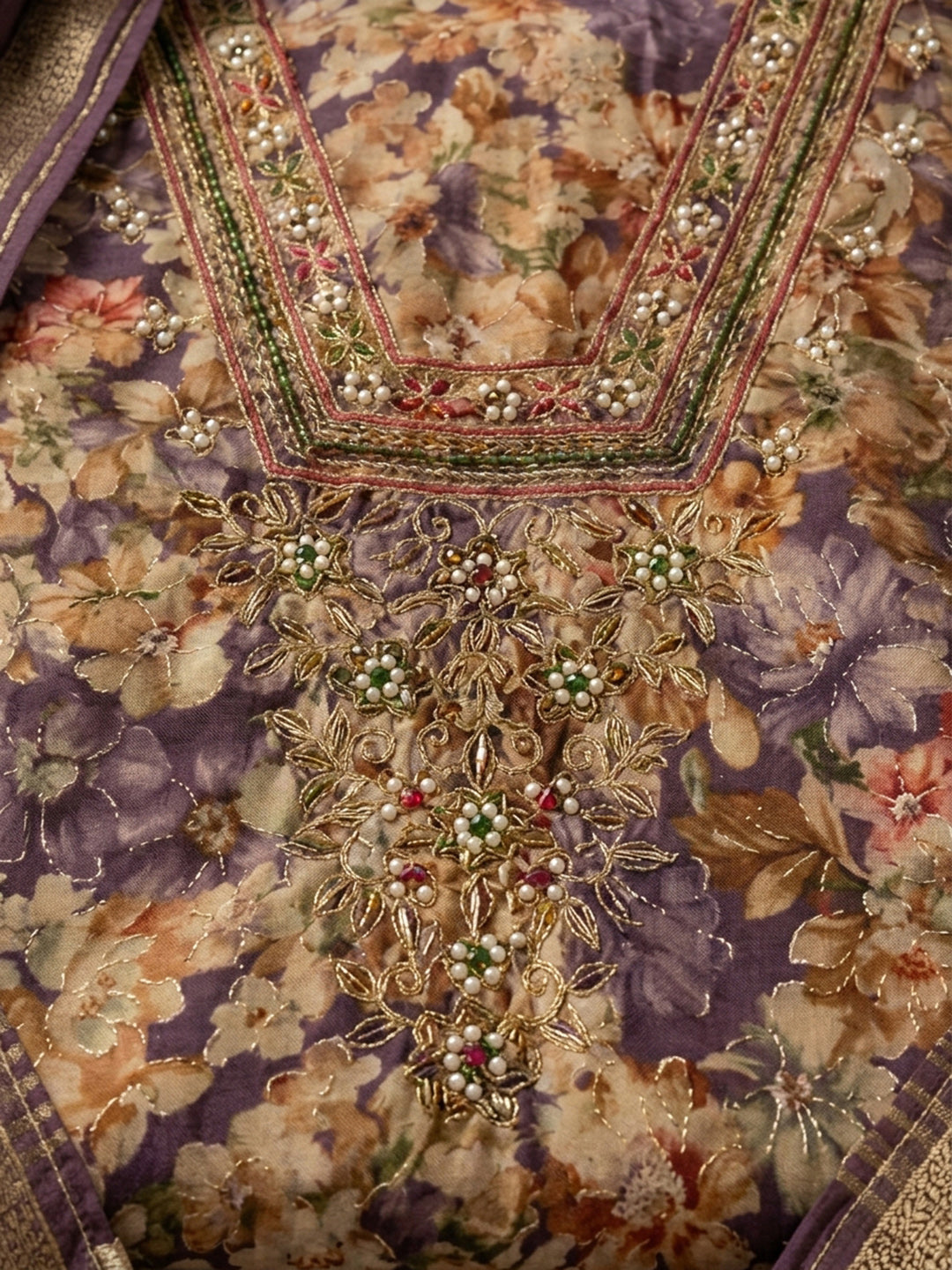 Purple Embroidered Cotton Blend Unstitched Suit &amp; Pant With Cotton Dupatta