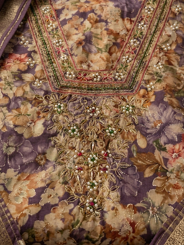 Purple Embroidered Cotton Blend Unstitched Suit &amp; Pant With Cotton Dupatta