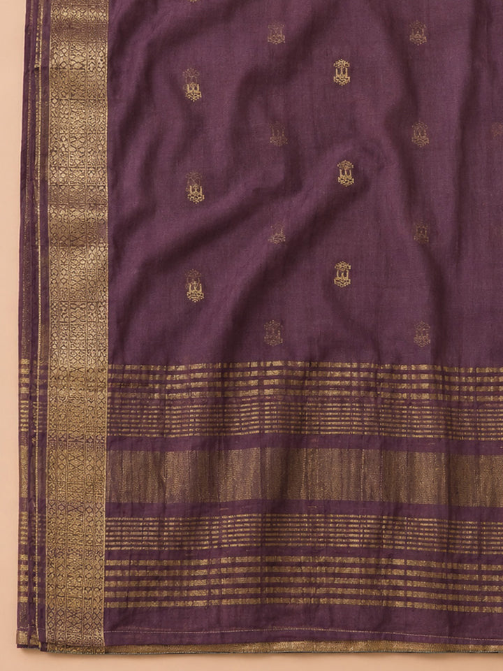 Purple Embroidered Cotton Blend Unstitched Suit &amp; Pant With Cotton Dupatta