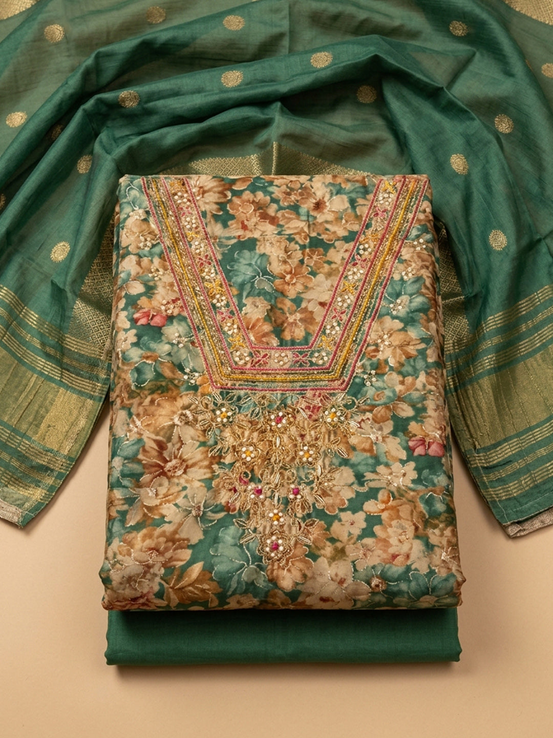 Rama Green Embroidered Cotton Blend Unstitched Suit &amp; Pant With Cotton Dupatta