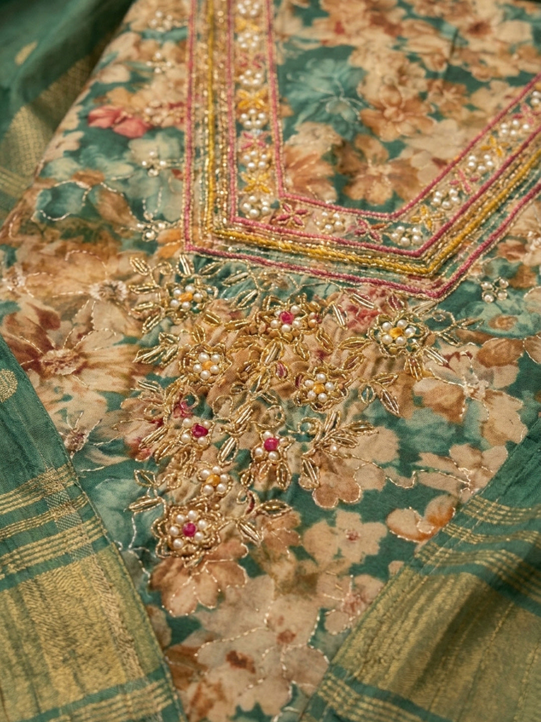 Rama Green Embroidered Cotton Blend Unstitched Suit &amp; Pant With Cotton Dupatta