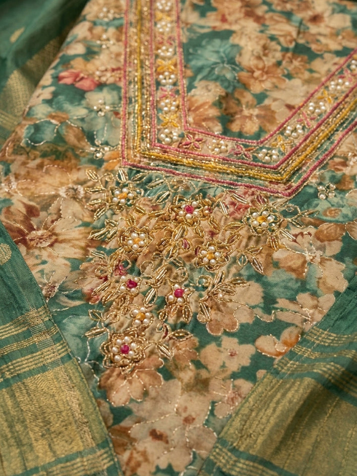 Rama Green Embroidered Cotton Blend Unstitched Suit &amp; Pant With Cotton Dupatta
