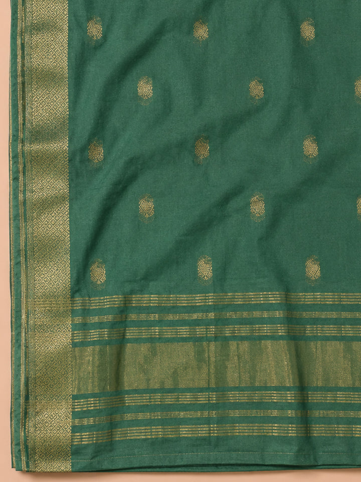 Rama Green Embroidered Cotton Blend Unstitched Suit &amp; Pant With Cotton Dupatta