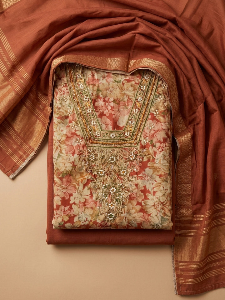 Rust Embroidered Cotton Blend Unstitched Suit &amp; Pant With Cotton Dupatta