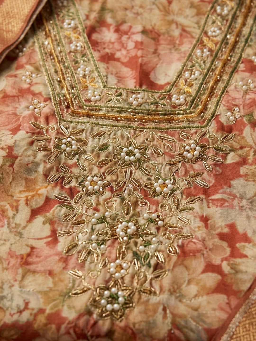 Rust Embroidered Cotton Blend Unstitched Suit &amp; Pant With Cotton Dupatta