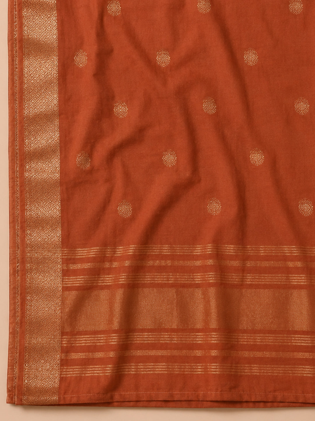 Rust Embroidered Cotton Blend Unstitched Suit &amp; Pant With Cotton Dupatta
