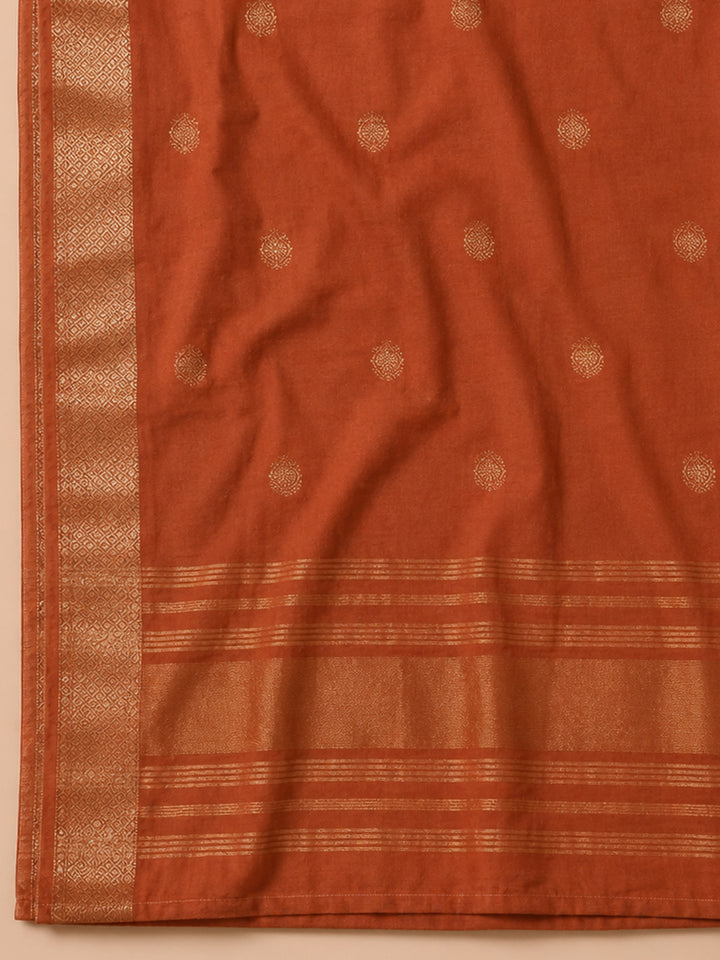 Rust Embroidered Cotton Blend Unstitched Suit &amp; Pant With Cotton Dupatta