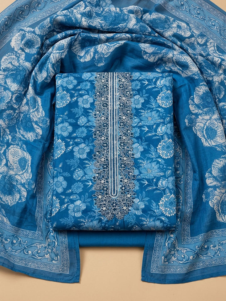 Blue Embroidery Cotton Blend Unstitched Dress Material