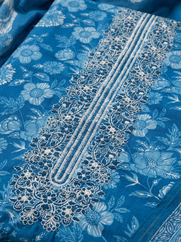 Blue Embroidery Cotton Blend Unstitched Dress Material