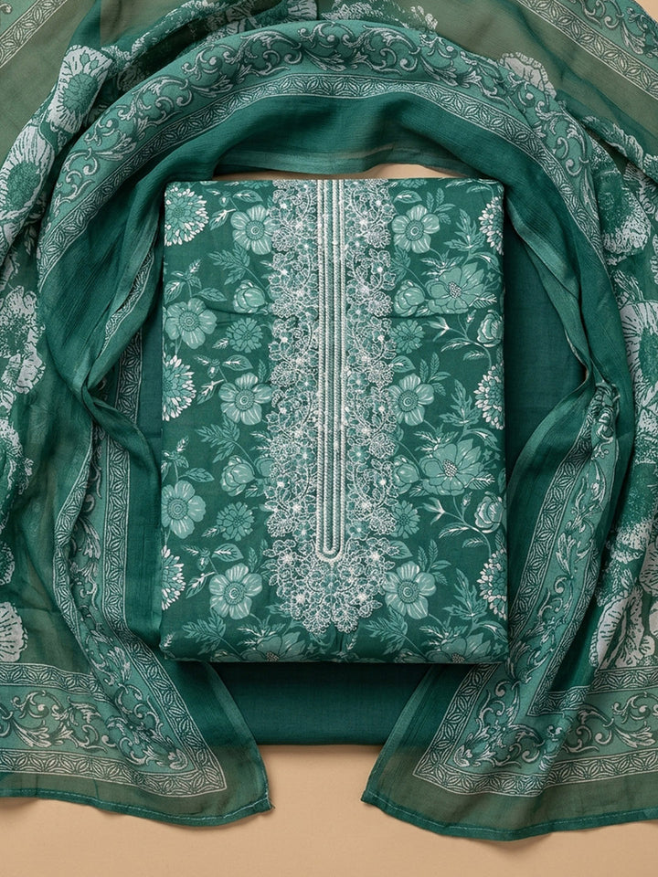 Green Embroidery Cotton Blend Unstitched Dress Material