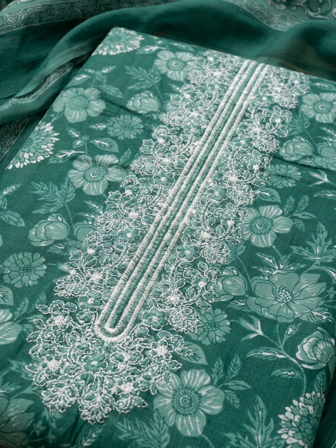 Green Embroidery Cotton Blend Unstitched Dress Material