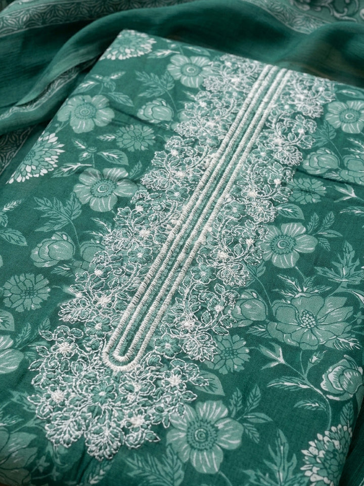 Green Embroidery Cotton Blend Unstitched Dress Material