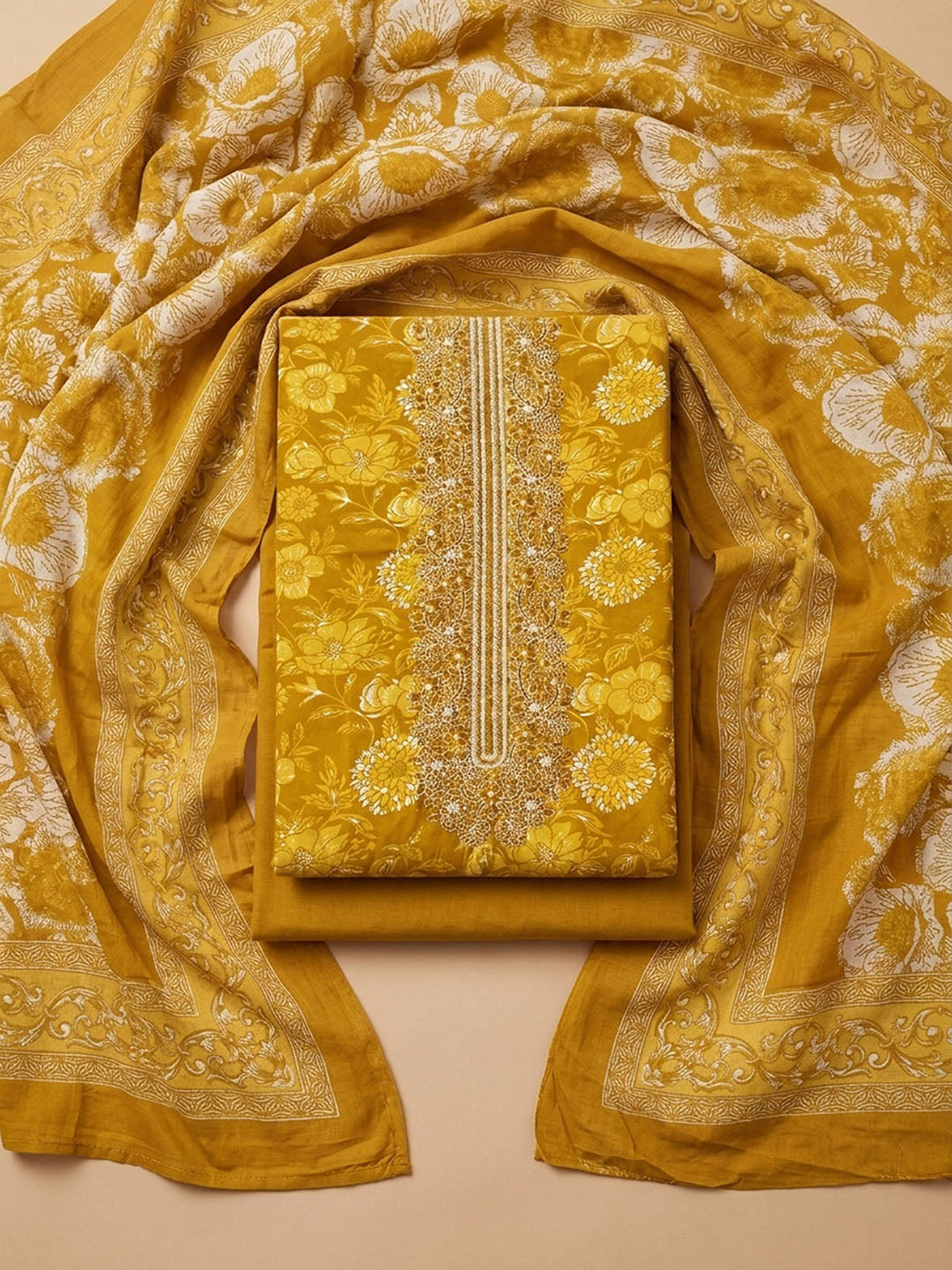Mustard Embroidery Cotton Blend Unstitched Dress Material