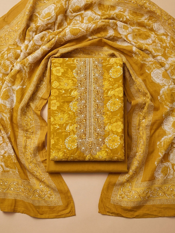 Mustard Embroidery Cotton Blend Unstitched Dress Material