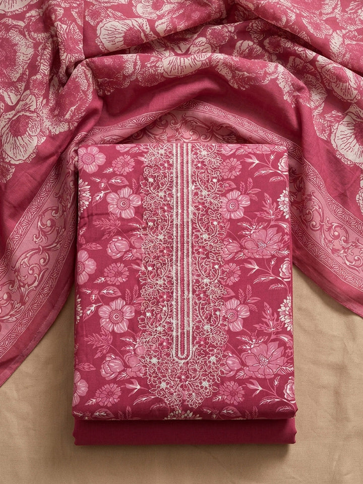 Pink Embroidery Cotton Blend Unstitched Dress Material